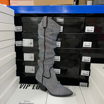 Foreign trade export original order broken code picked up fashionable women's boots pointed toe thick heel full rhinestone side zipper high boots