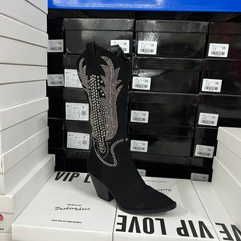 Original order of fashionable women's boots exported from the united states, broken code, pointed toe, thick heel, rhinestone decorated side zipper boots