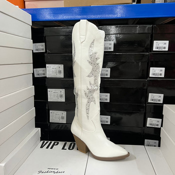 Foreign trade original export fashion women's boots european and american retro rhinestone pointed toe thick heels slimming western boots