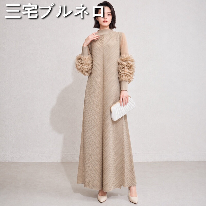 Miyake Brunello Pleated Loose Plus-Size Dress for Women with Three-Dimensional Petal Sleeves, Long Dress with Half-High Collar, Women's Clothing
