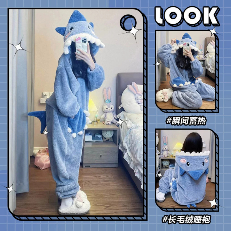 Cute Shark One-Piece Pajamas Coral Fleece for Women and Men, Winter Thickened Hooded Sleepwear, Can Be Worn Outside Cute Shark One-Piece Pajamas Coral Fleece for Women and Men, Winter Thickened Hooded Sleepwear, Can Be Worn Outside