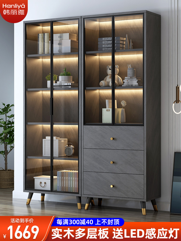 Light luxury bookcase Nordic simple with door Modern glass door bookcase Free combination storage cabinet Study Floor-to-ceiling bookcase