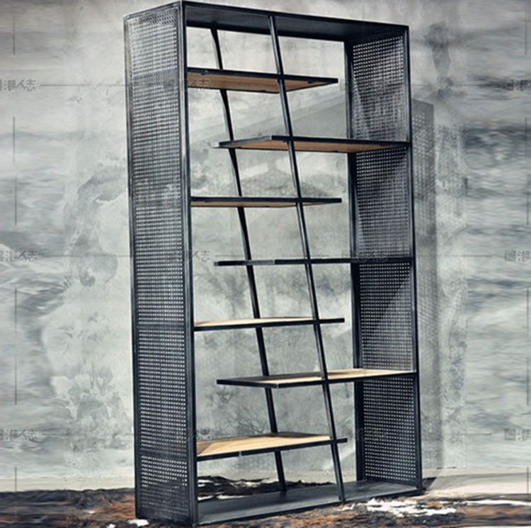 loft wrought iron solid wood personality creative metal shelf display cabinet retro old bookshelf floor partition bookcase