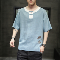 Short-sleeved T-shirt mens summer Chinese style tattoos vintage disc buckle cotton linen clothes large size loose half-sleeve thin body shirt