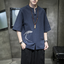 Summer thin retro buckle embroidered Tang suit Chinese clothes V collar T-shirt mens short sleeve Chinese style loose T-shirt shirt top