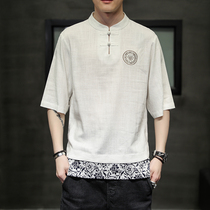 Short-sleeved T-shirt mens retro collars Chinese style embroidered linen jacket ethnic style stitching loose T-shirt