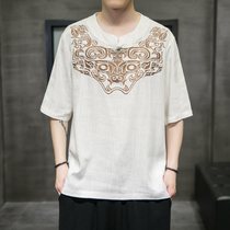 Summer loose-fitting mens brave embroidery Chinese style breathable thin blouse National style linen short-sleeved T-shirt tide