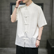 Tang suit mens summer linen short sleeve shirt Chinese stand collar buckle Hanfu Costume embroidery large size coat tunic suit