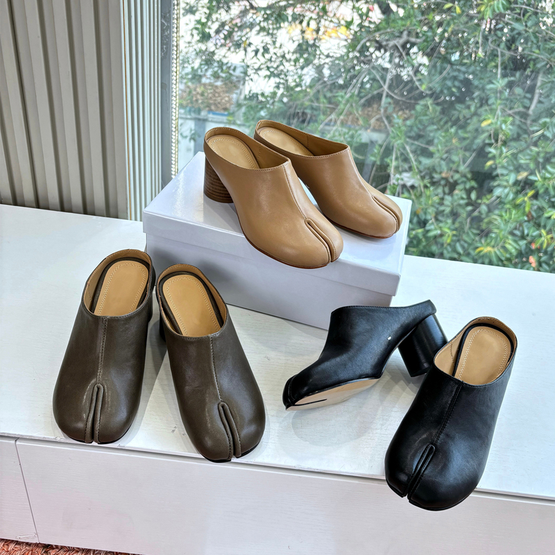 Tabi Split-Toe Closed-Toe Half-Slippers for Women, High Version, 2026 Spring/Summer New Style, Retro Chunky Heel, Genuine Leather Slip-On Mules