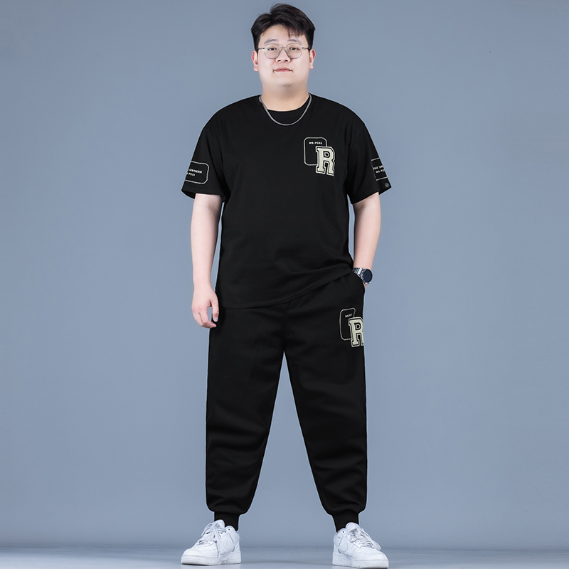 Plus Size Men's Summer Suit, New Loose Casual Men's Clothing for Overweight Men, Short-Sleeved Shirt and Long Pants Two-Piece Set
