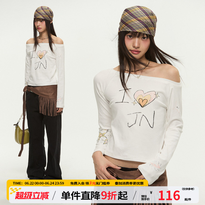 Mr. Jiangnan Newjnxs Heart Print Rhinestone One-Shoulder Long-Sleeve T-Shirt Spring Fashion Versatile Short Top for Women Mr. Jiangnan Newjnxs Heart Print Rhinestone One-Shoulder Long-Sleeve T-Shirt Spring Fashion Versatile Short Top for Women