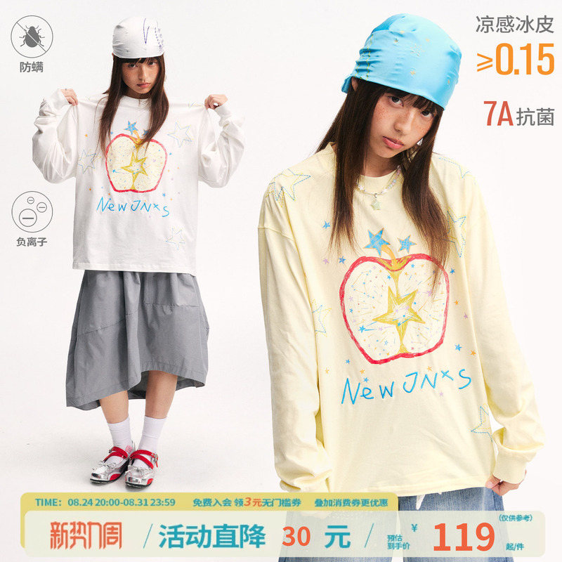 Mr. Jiangnan Newjnxs Apple Star Core Embroidered Long Sleeve T-Shirt for Men and Women, Quick-Drying Antibacterial Pure Cotton Loose Top for Autumn