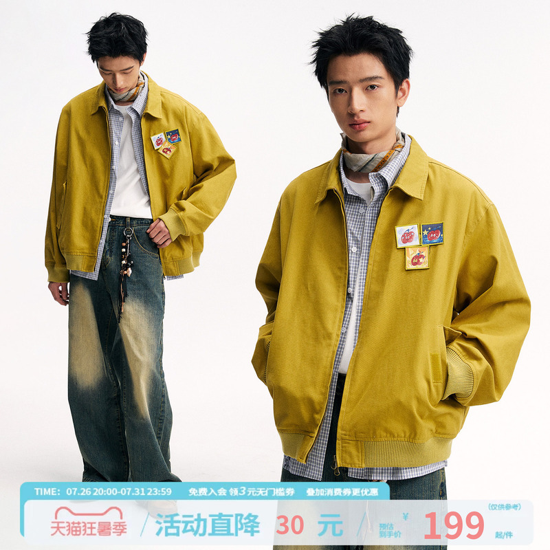 Mr. Jiangnan Newjnxs' Patch Bomber Jacket with Velcro Fasteners, Casual Loose-Fitting Workwear Jacket for Spring Mr. Jiangnan Newjnxs' Patch Bomber Jacket with Velcro Fasteners, Casual Loose-Fitting Workwear Jacket for Spring