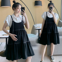 Pregnant womens short-sleeved top suspender skirt two-piece Net Red foreign style large size pregnant womens dress fashion summer