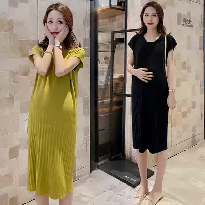 Pregnant women bat sleeve dress summer fashion new round neck short sleeve ice silk mid-length dress tide mother knitted skirt Western style