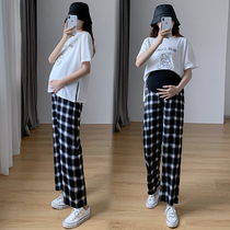 Summer dress joker loose size pregnant women T-shirt Plaid belly pants two-piece Net red top wide leg pants set