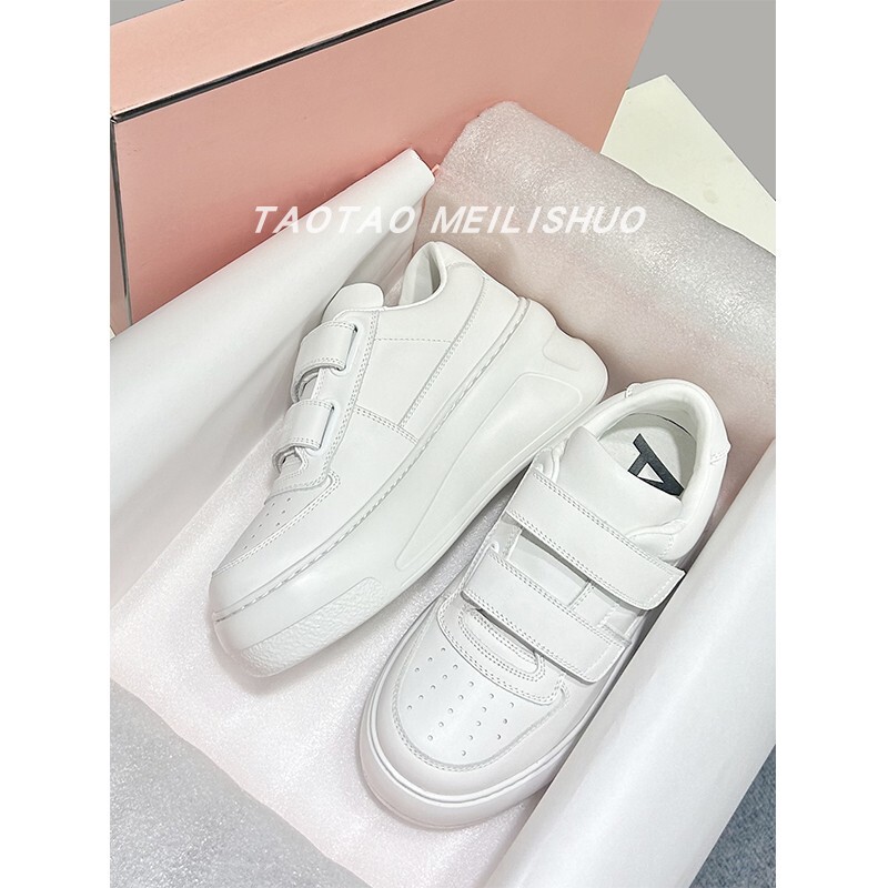 Taotao Meilishuo//Ma Sichen's Same Style Thick-Soled Velcro White Sneakers for Women, Smiley Face Versatile Casual Shoes