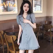 Mùa hè 2019 mới ve áo khóa gỗ tai váy váy khí chất Slim Một từ tay áo ngắn váy quần áo phụ nữ - A-Line Váy