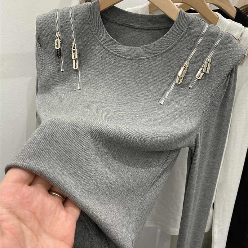 European-Style Design Zipper Shoulder Pad Ribbed Long-Sleeve T-Shirt for Women 2026 Spring and Autumn Fashionable Base Shirt Top European-Style Design Zipper Shoulder Pad Ribbed Long-Sleeve T-Shirt for Women 2026 Spring and Autumn Fashionable Base Shirt Top