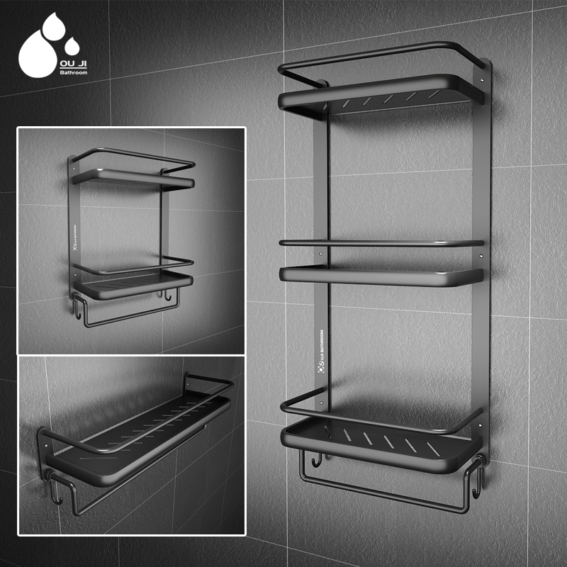 Ouji black toilet shelf kitchen free punching bathroom hand washing toilet storage suction wall hardware pendant
