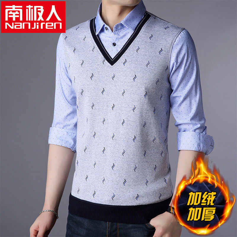 Antarctic man fake two-piece men's sweater plus velvet thick winter warm youth long-sleeved Korean version of the slim knitted bottoming shirt