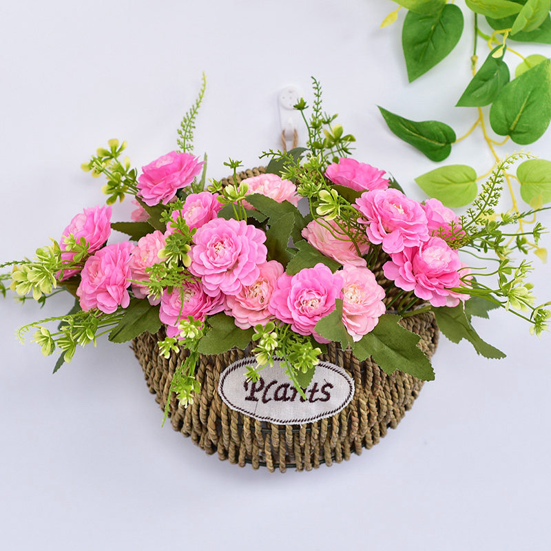 Straw rattan wall hanging flower basket flower pot decoration wall creative hanging basket hanging wall simulation flower fake flower set hanging ornament