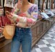 Laomaojia French printed mohair wool sweater spring and autumn new thin-sleeved large-neck V-neck lazy sexy cardigan