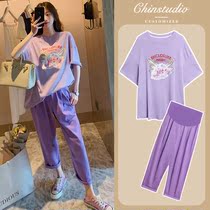 Pregnant woman summer clothing suit out of fashion models 2021 new net red gestation woman clothes small summer t-shirt two sets