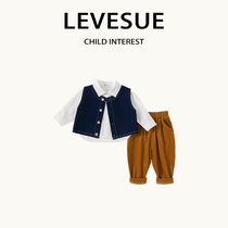 Levesue Girls' Autumn Clothing Spring Autumn 2022 New Gentleman Vest Long Sleeve Underwear Trousers Three Piece Set Fashion