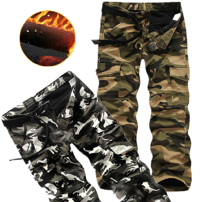 Military style workwear camouflage pants men's plus velvet thick pants casual loose military warm outdoor men's trousers tide