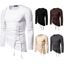 Autumn men's long sleeve T-shirt bottoming shirt European and American irregular slim trend half sleeve white round neck rope shirt