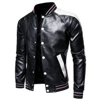 Autumn tide brand men's washed leather jacket men's jacket black and white color matching baseball collar locomotive suit PU leather men
