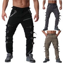 Punk mens pants trend mens youth tie pants multi zipper personality metal decoration mens black goth trousers