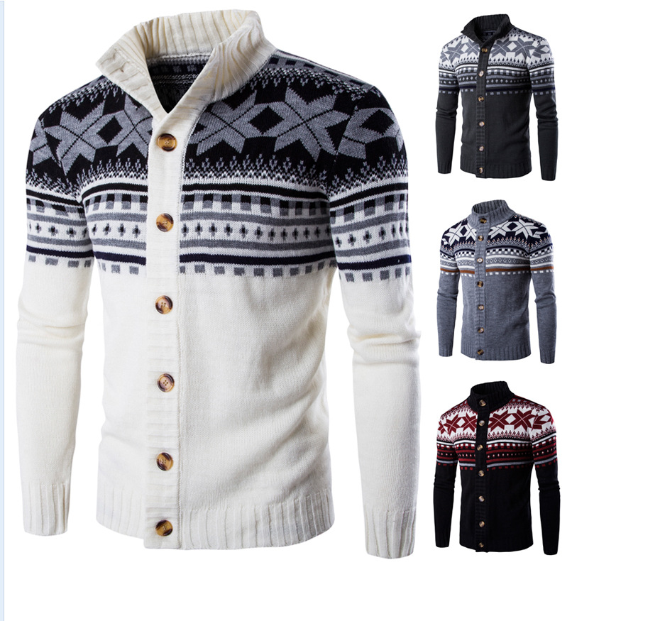 Trendy men's all-match men's sweater fashion big snowflake American style contrast color stand-up collar cardigan slim fit retro street sweater