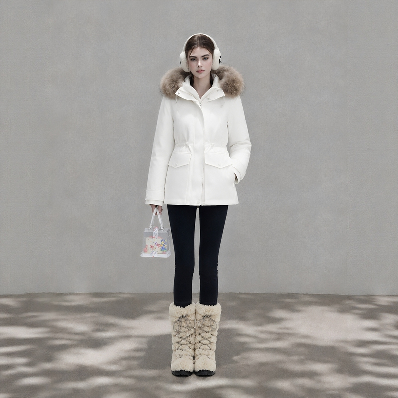 90% White Duck down Hooded Parka Jacket for Women, New Winter Style, Waist-Cinched, Thickened, White Workwear Parka
