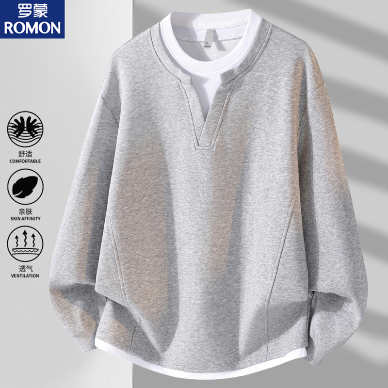 Romon Spring and Autumn Two-Piece Patchwork Long-Sleeve Sweatshirt for Men, Versatile Henry Collar American Casual Cotton Pullover Top