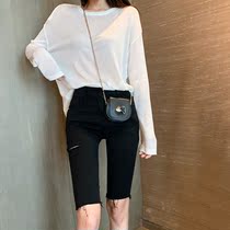 Pregnant women short pants summer thin style outside wear fashion hole Burr denim five-point pants summer Black