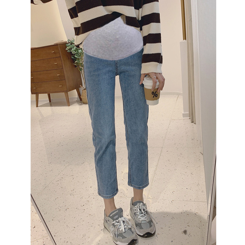 Pregnant Woman Straight Drum Jeans Spring Autumn Thin outside wearing loose and thin light blue Fashion 90% Abdominal Pants Summer