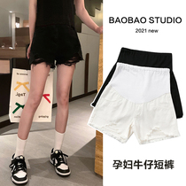 Pregnant Woman Cowboy Shorts Summer Fashion Thin outside wearing high waist loose black 30% wool edge Hole Broadleg Hot Pants