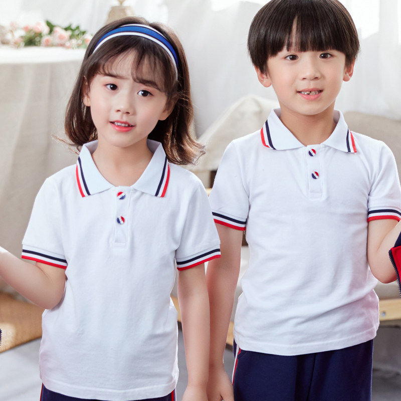 Summer school uniforms for primary and middle school students class uniforms summer polo shirts kindergarten white garden uniforms children's short-sleeved T-shirts pure cotton