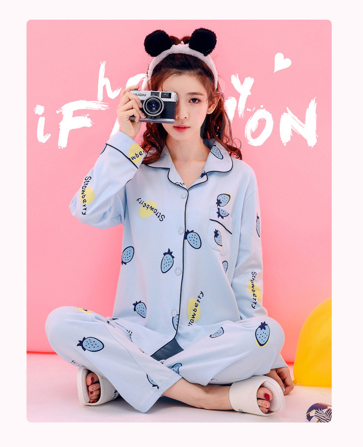 Đồ ngủ nữ cotton dài tay Hàn Quốc mùa xuân và mùa thu ladies thin phần hai mảnh XL cardigan dịch vụ nhà phù hợp với mùa hè