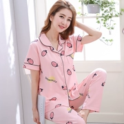 Bộ đồ ngủ mùa hè của phụ nữ cotton phù hợp với quần ngắn tay hai mảnh nữ mùa hè cộng với phân bón XL có thể được mặc bên ngoài dịch vụ gia đình