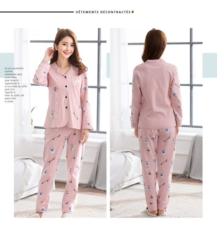 Đồ ngủ nữ cotton dài tay Hàn Quốc mùa xuân và mùa thu ladies thin phần hai mảnh XL cardigan dịch vụ nhà phù hợp với mùa hè