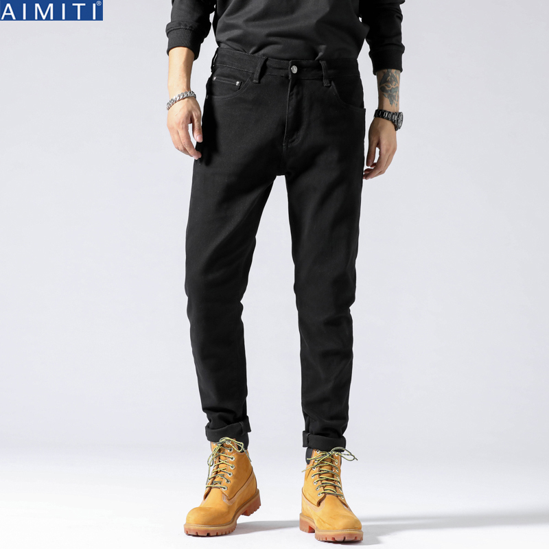 European and American High-End Pure Black Jeans for Men, Autumn and Winter, Cool and Retro, Tapered, Stretchy, Fleece-Lined, Slim-Fit Straight-Leg Pants