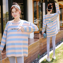  Pregnant womens long-sleeved T-shirt mid-length spring fashion 2020 new womens loose striped spring and autumn bottoming shirt top