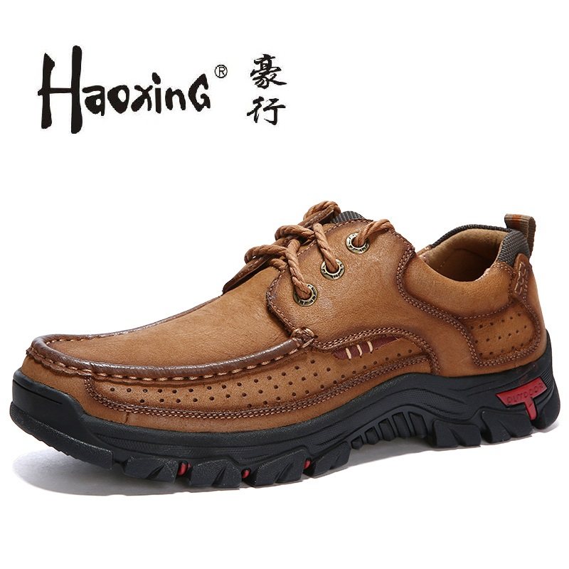 Haoxing men's shoes 2021 autumn low-top leather thick-bottomed large head tooling shoes outdoor round head British casual leather shoes men