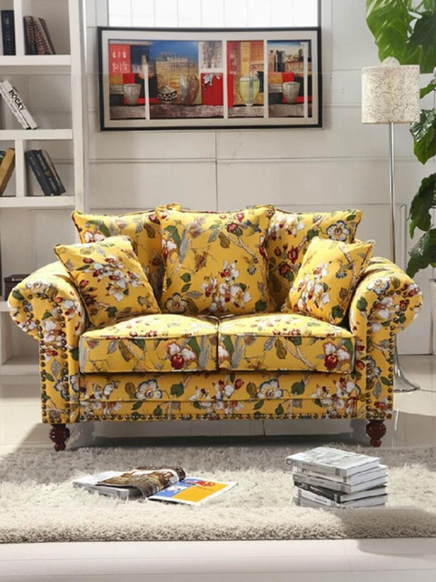 American country retro floral fabric French pastoral Mediterranean living room combination sofa European yellow green cotton and linen sofa