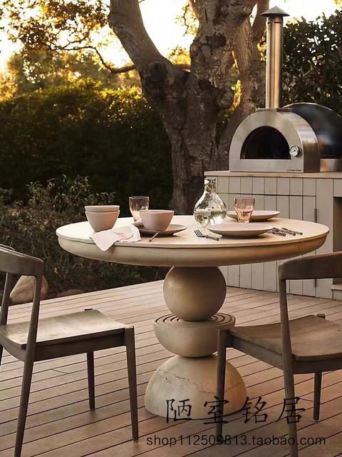 American country retro log round dining table, French simple old solid wood dining table, Nordic wabi-sabi style round dining table