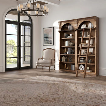 American Country-Style Vintage Arched Bookcase, French Solid Wood Carved Neoclassical Display Cabinet with Ladder Bookshelf and Bookcase Combination