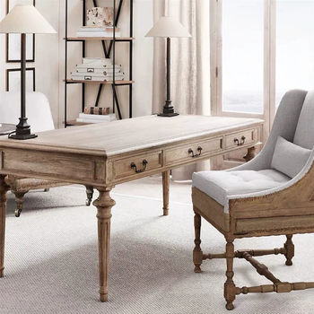 American-Style Rustic Antique Home Solid Wood Desk Computer Desk with Three Drawers, French-Style Study Desk